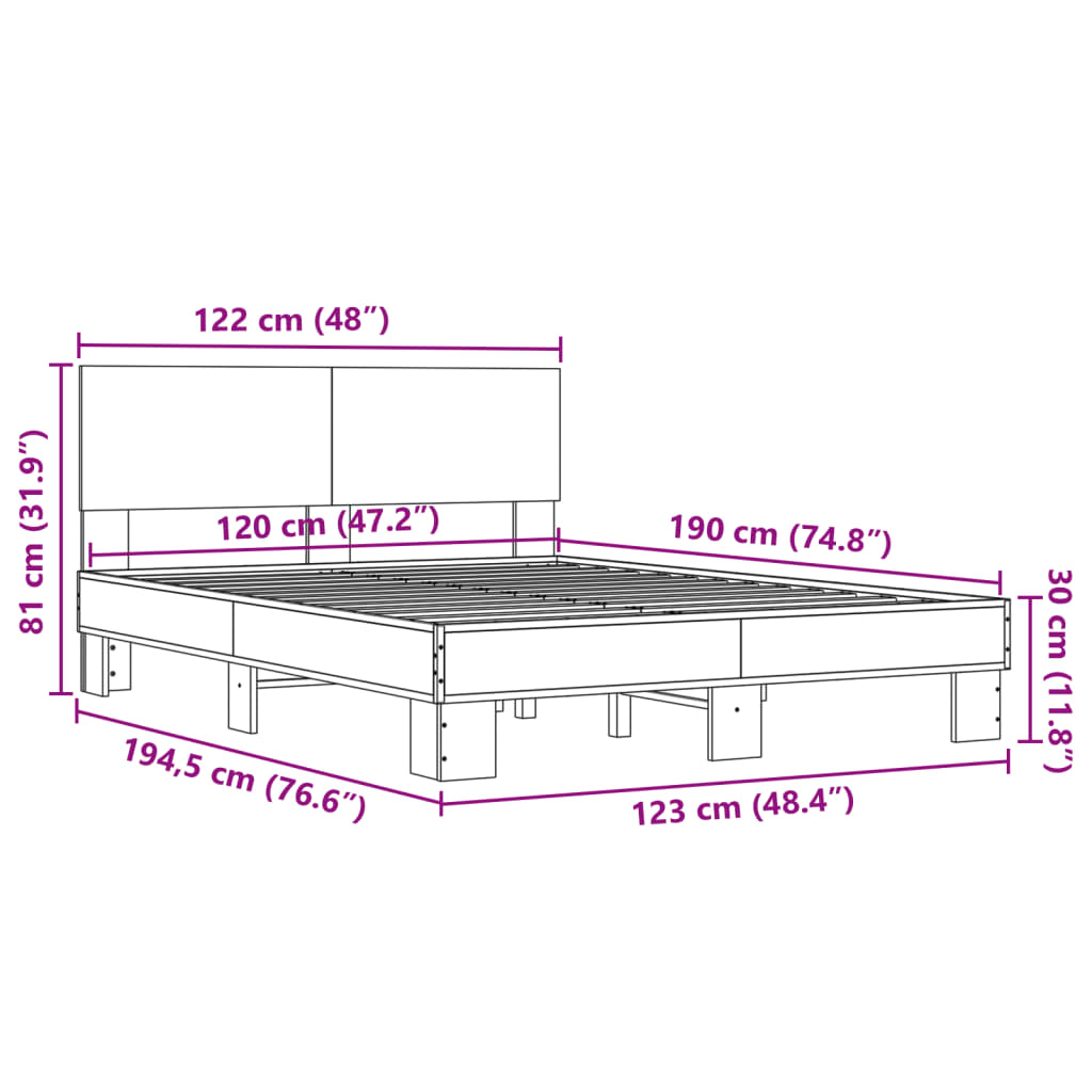 Bed Frame Smoked Oak 120x190 cm Small Double Engineered Wood and Metal