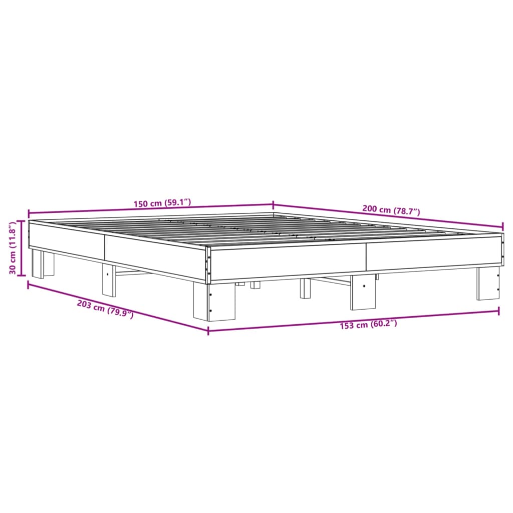 Bed Frame Smoked Oak 150x200 cm King Size Engineered Wood and Metal