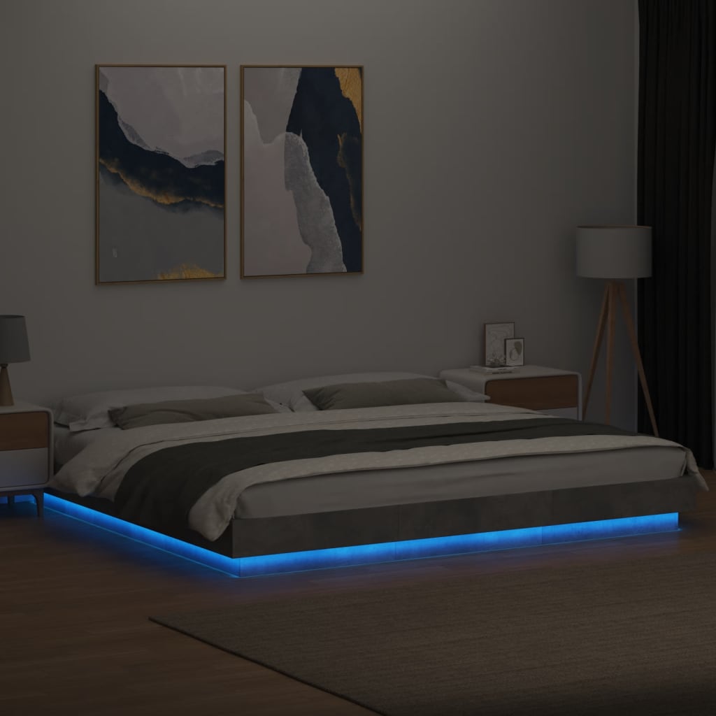 Bed Frame with LED Lights Concrete Grey 180x200 cm Super King Engineered Wood