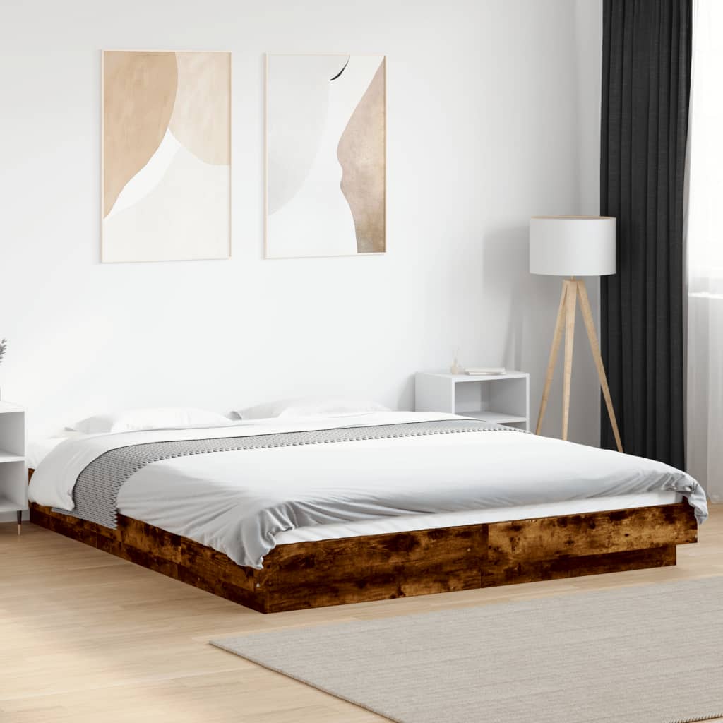 Bed Frame with LED Lights Smoked Oak 160x200cm Engineered Wood