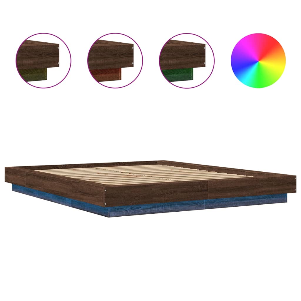 Bed Frame with LED Lights Brown Oak 150x200cm King Size Engineered Wood