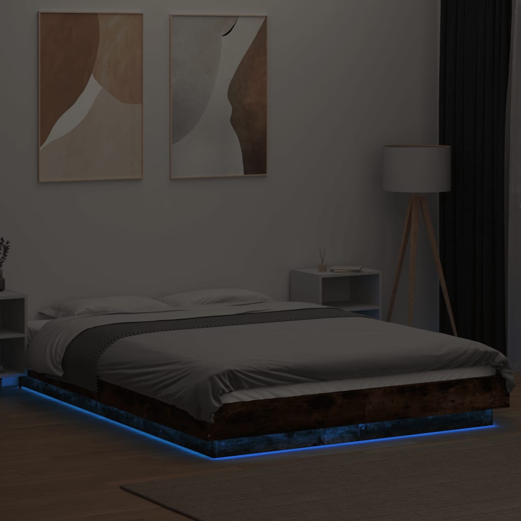 Bed Frame with LED Lights without Mattress Smoked Oak 140x190cm