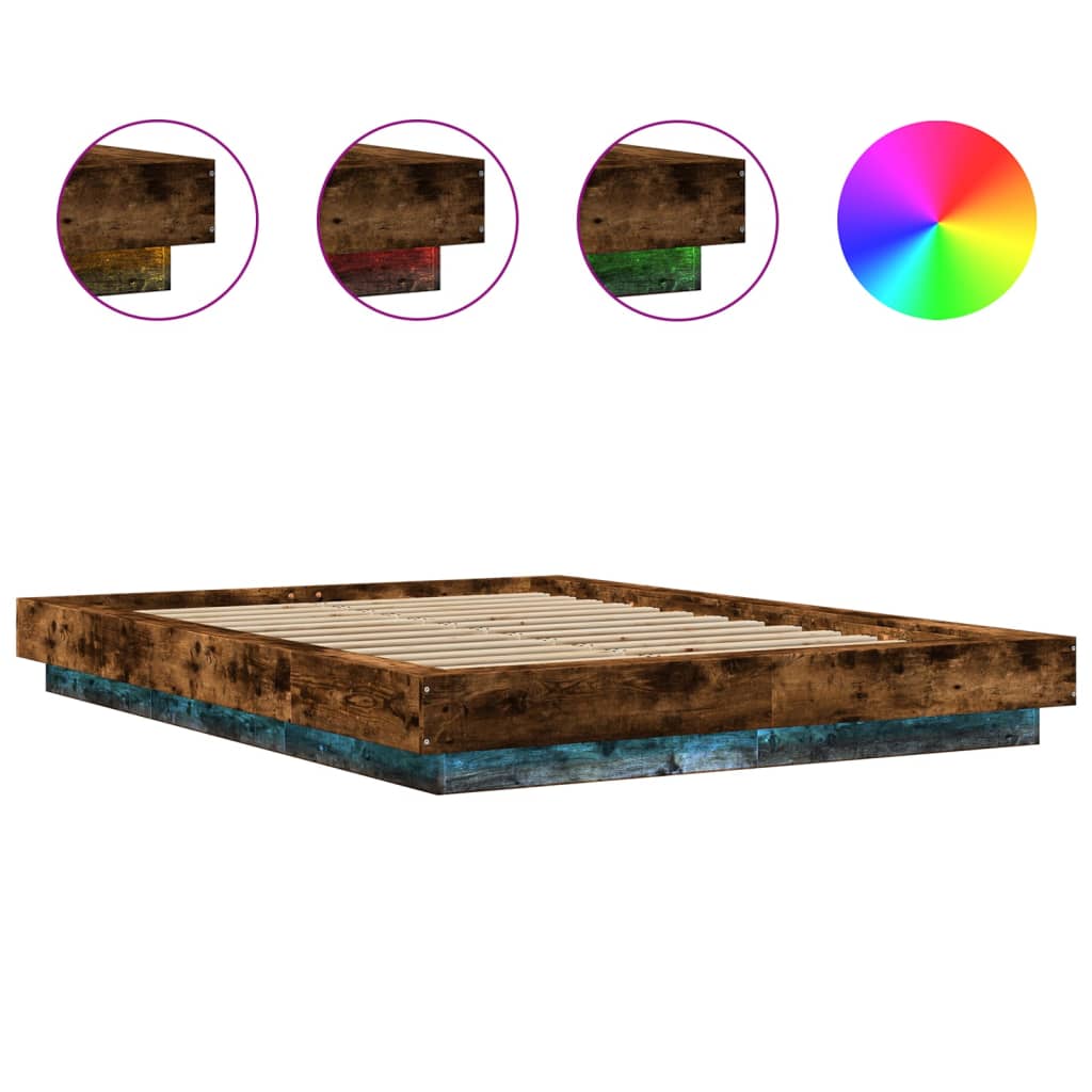 Bed Frame with LED Lights without Mattress Smoked Oak 140x190cm