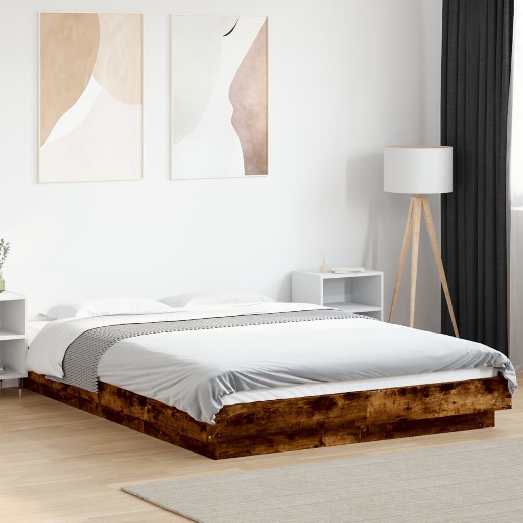 Bed Frame with LED Lights without Mattress Smoked Oak 140x190cm