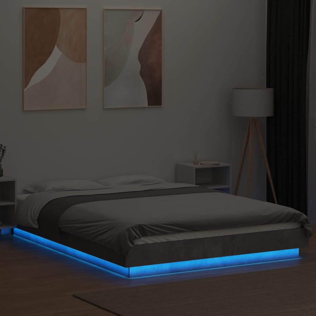 Bed Frame with LED Lights Concrete Grey 135x190cm Engineered Wood