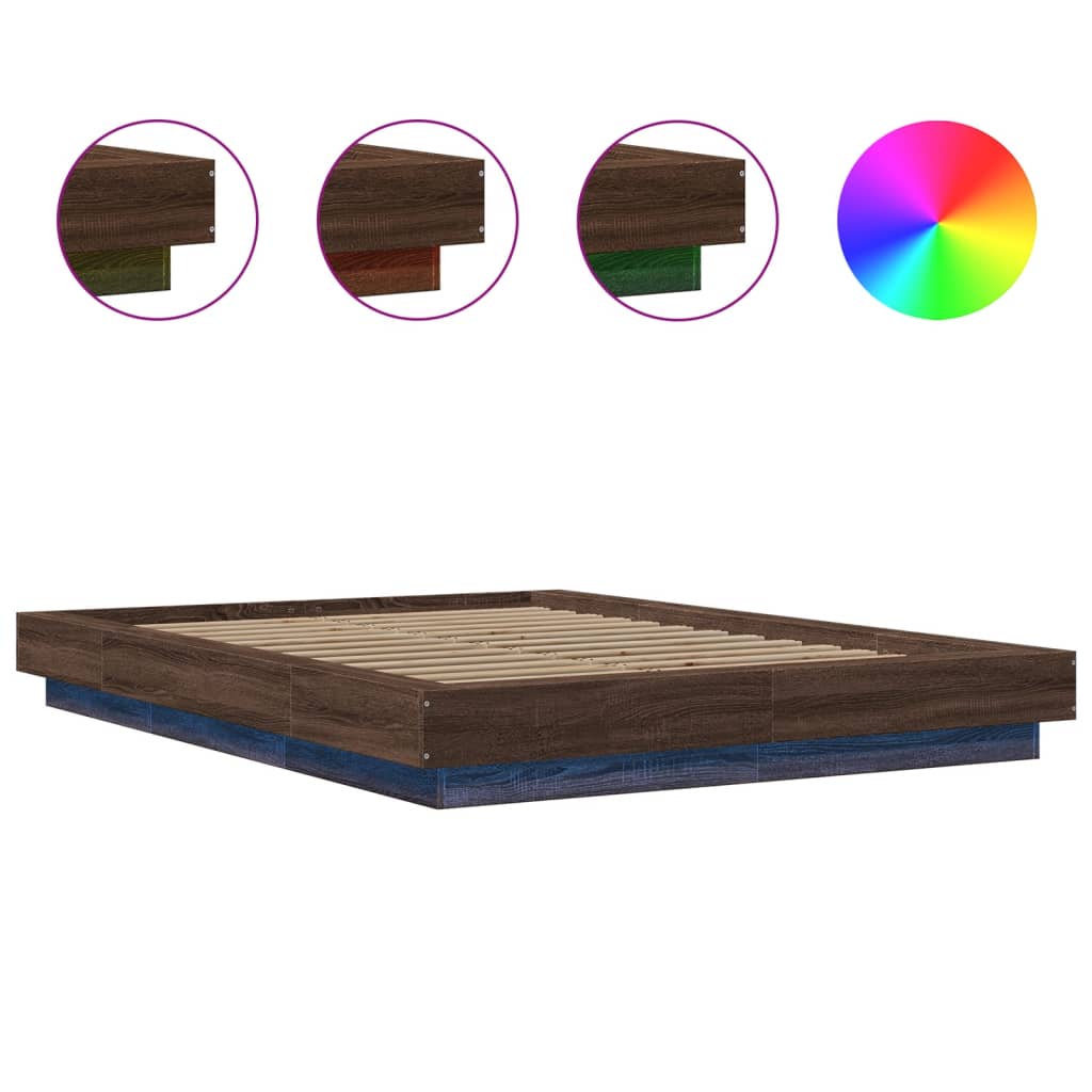 Bed Frame with LED Lights without Mattress Brown Oak 135x190cm