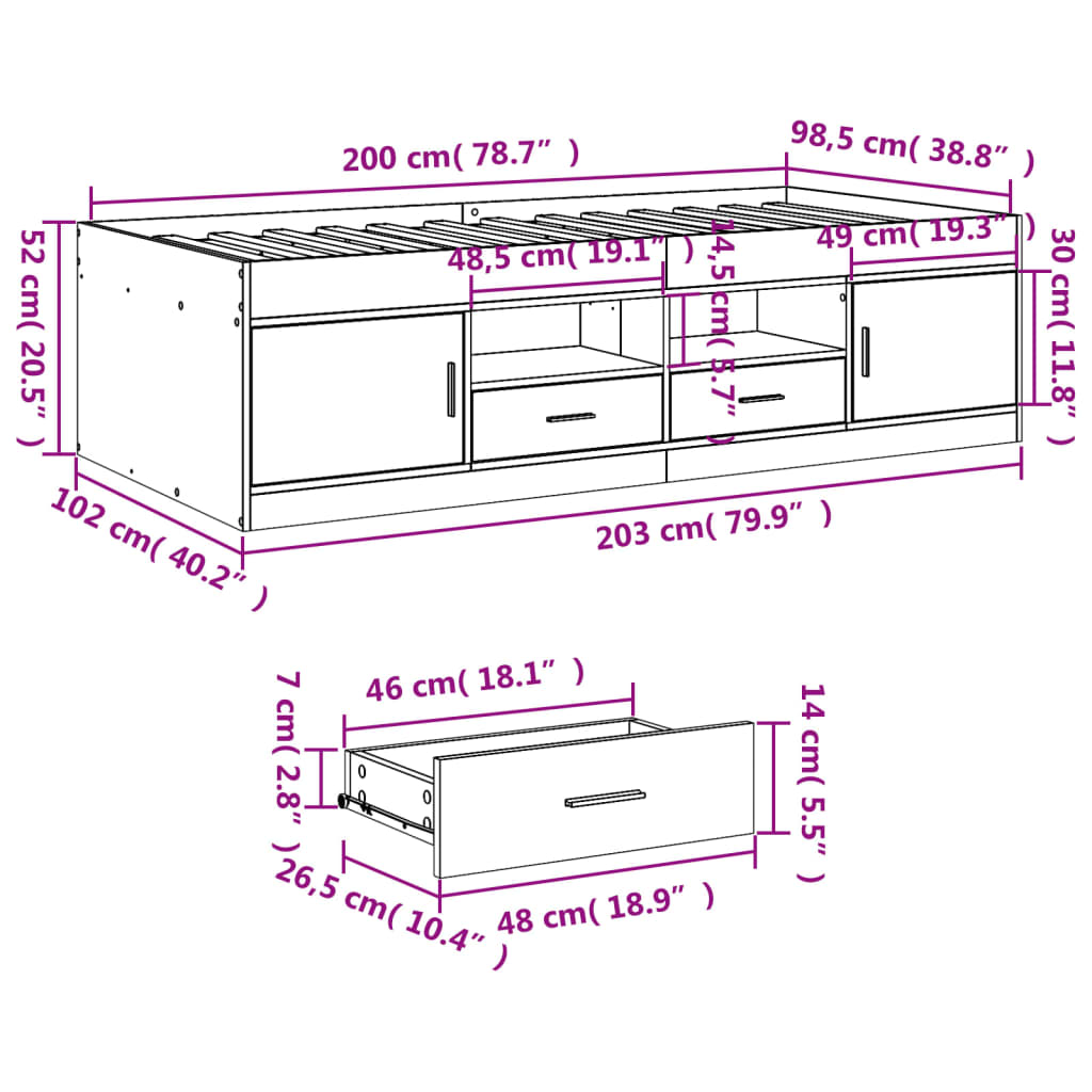 Daybed with Drawers without Mattress White 100x200 cm