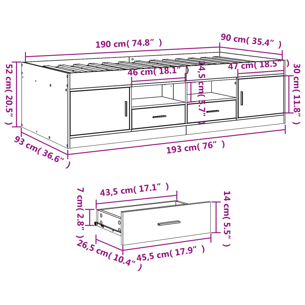 Daybed with Drawers without Mattress Black 90x190 cm Single