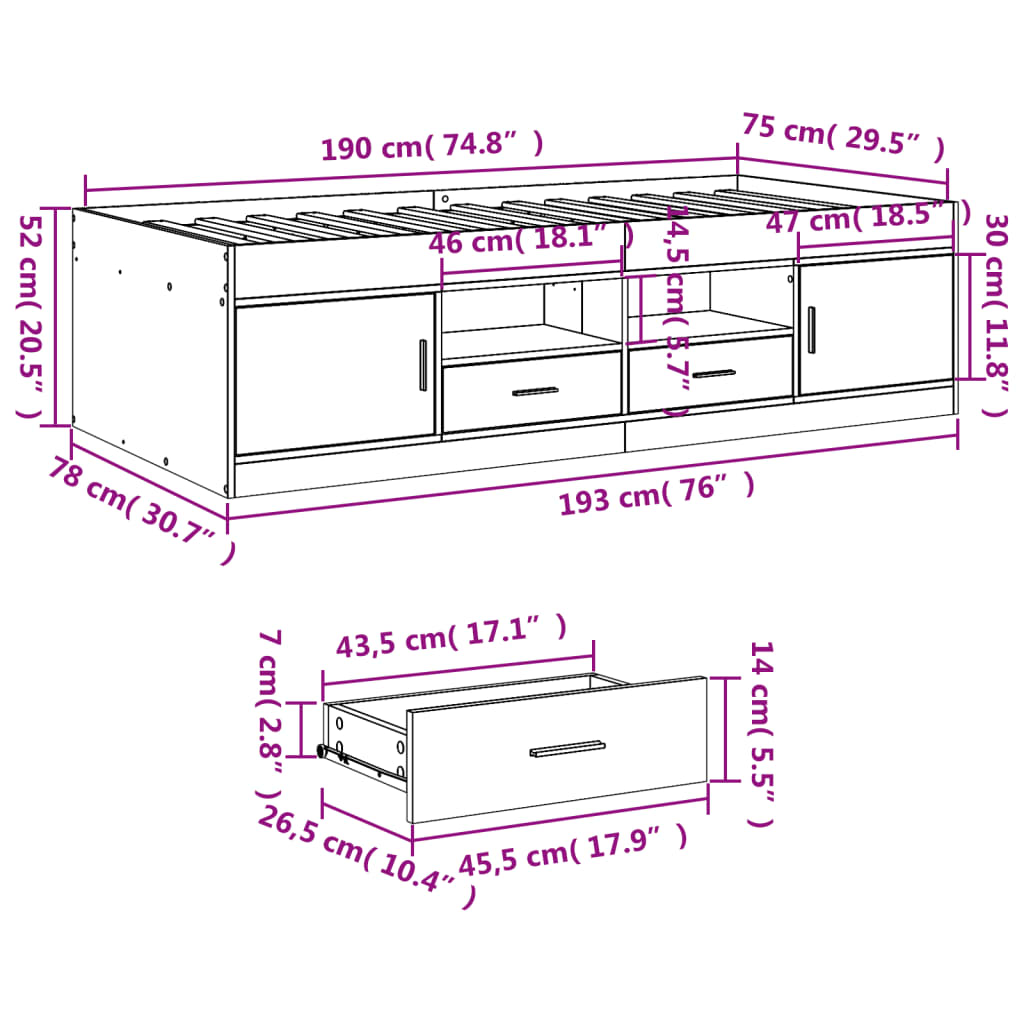 Daybed with Drawers White 75x190 cm Engineered Wood