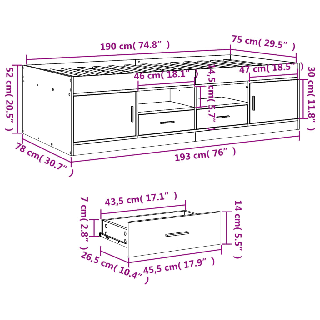 Daybed with Drawers without Mattress Brown Oak 75x190 cm Small Single