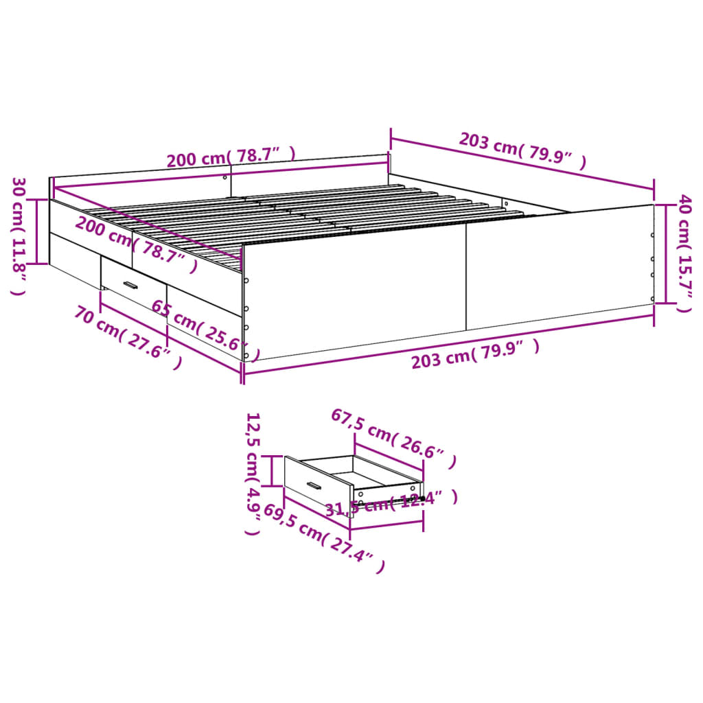 Bed Frame with Drawers Concrete Grey 200x200 cm Engineered Wood