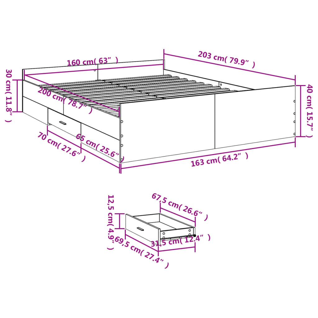 Bed Frame with Drawers without Mattress Smoked Oak 160x200 cm