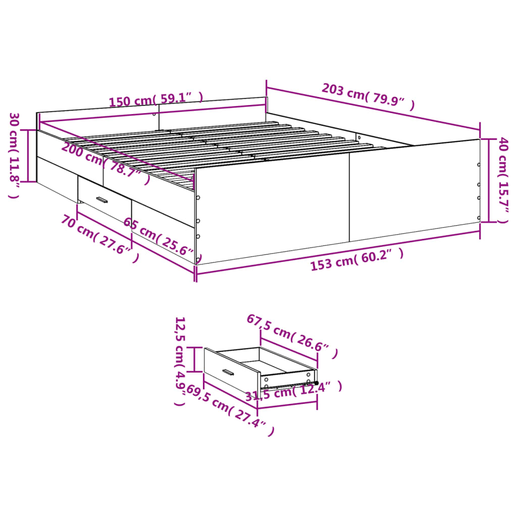 Bed Frame with Drawers without Mattress Sonoma Oak 150x200 cm King Size