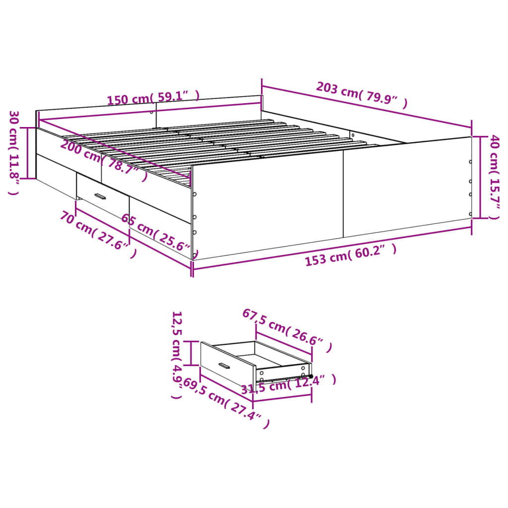 Bed Frame with Drawers Grey Sonoma 150x200 cm King Size Engineered Wood