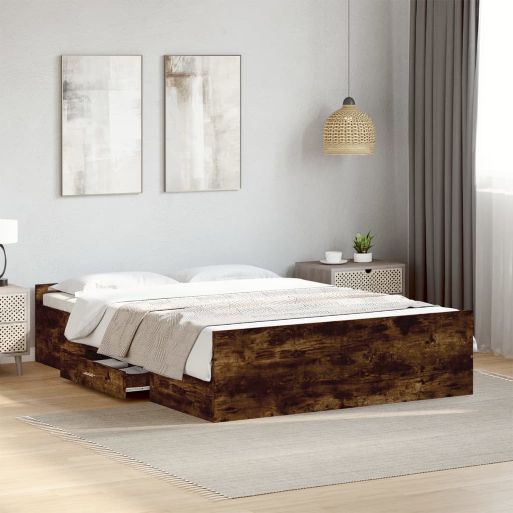 Bed Frame with Drawers Smoked Oak 120x200 cm Engineered Wood