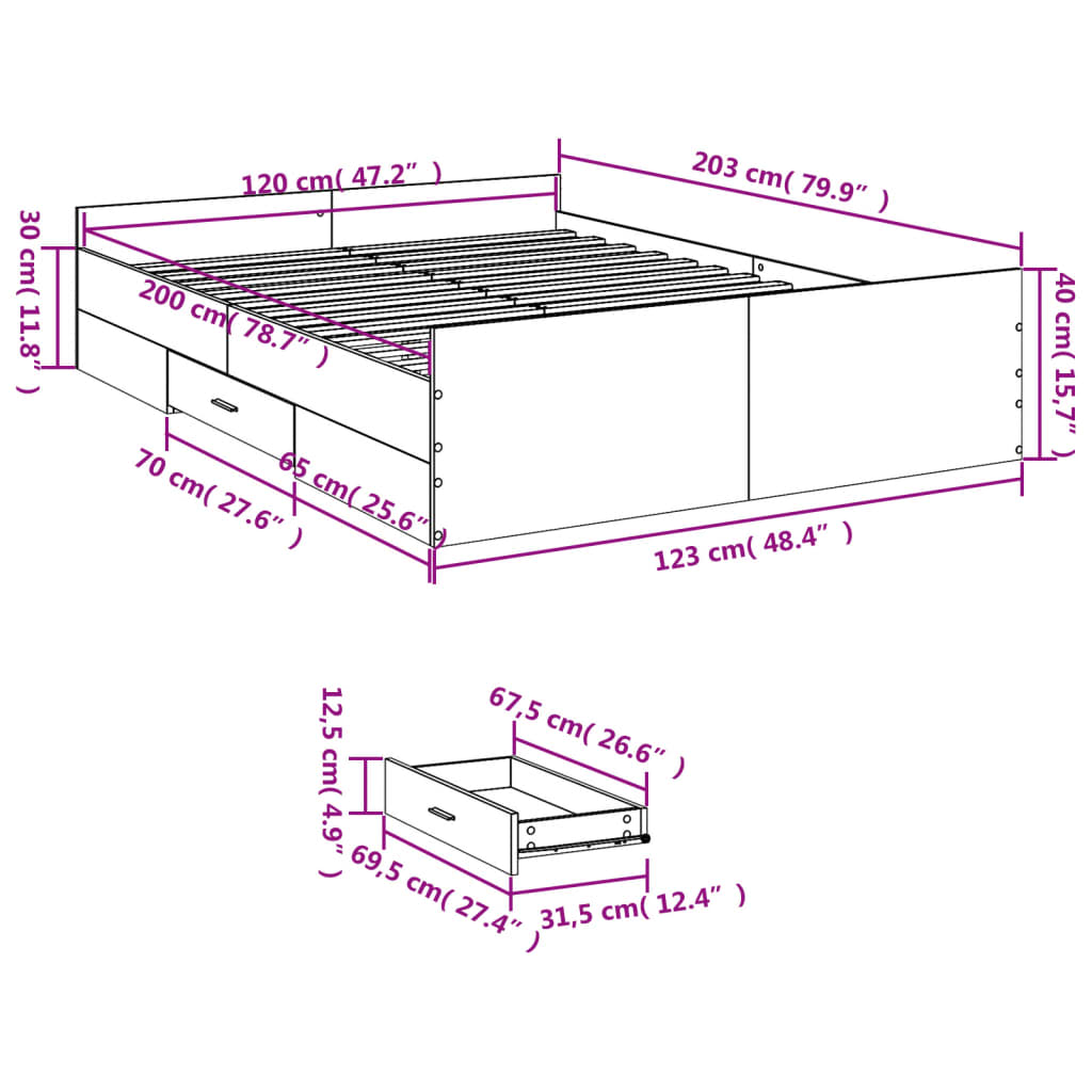 Bed Frame with Drawers Smoked Oak 120x200 cm Engineered Wood