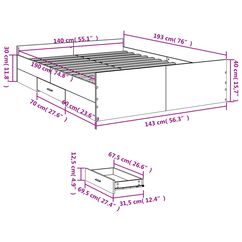 Bed Frame with Drawers Sonoma Oak 140x190 cm Engineered Wood