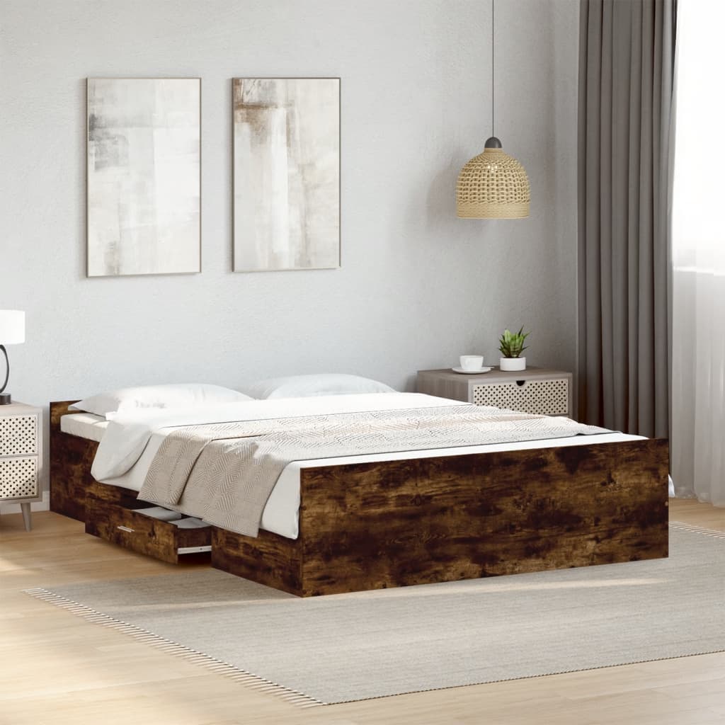 Bed Frame with Drawers Smoked Oak 140x190 cm Engineered Wood