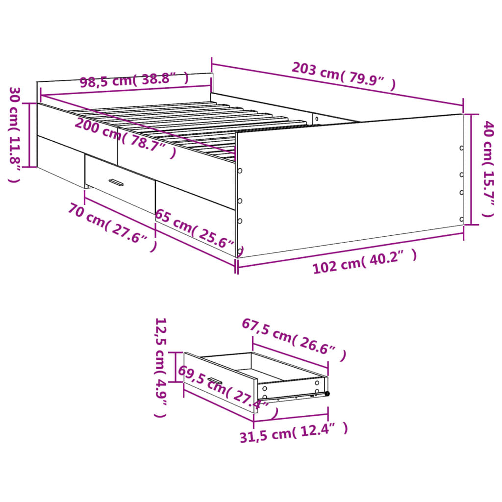 Bed Frame with Drawers without Mattress Concrete Grey 100x200 cm