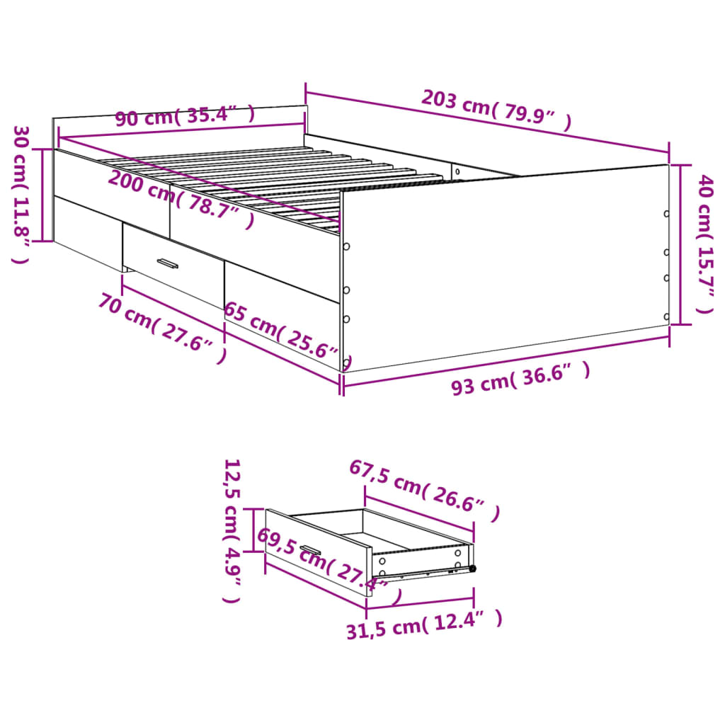 Bed Frame with Drawers without Mattress Black 90x200 cm