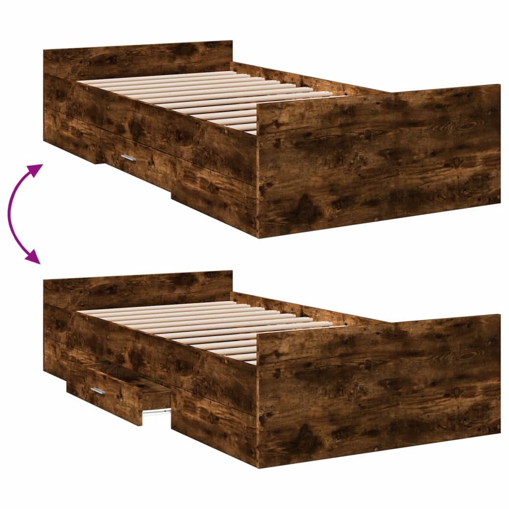 Bed Frame with Drawers without Mattress Smoked Oak 90x200 cm