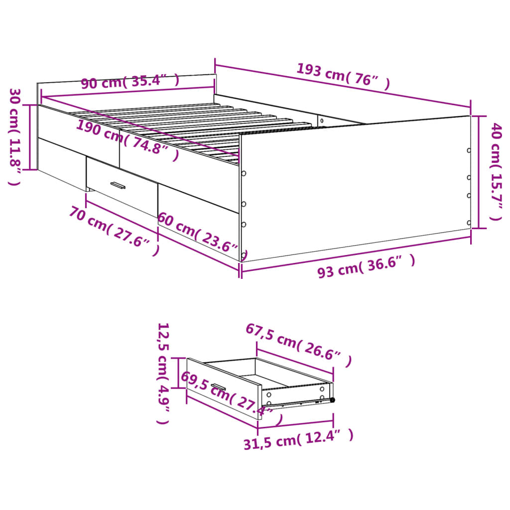 Bed Frame with Drawers Concrete Grey 90x190 cm Single Engineered Wood