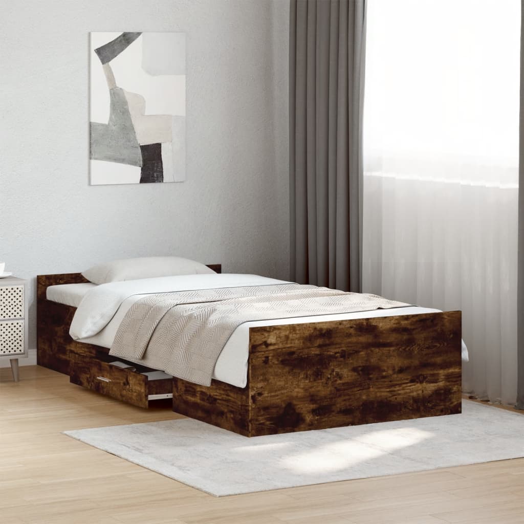 Bed Frame with Drawers Smoked Oak 90x190 cm Single Engineered Wood