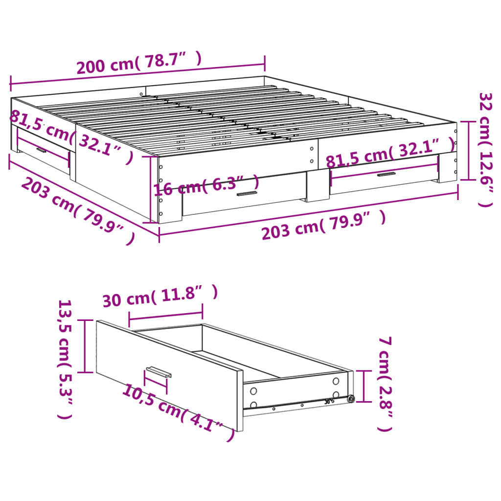 Bed Frame with Drawers without Mattress Smoked Oak 200x200 cm