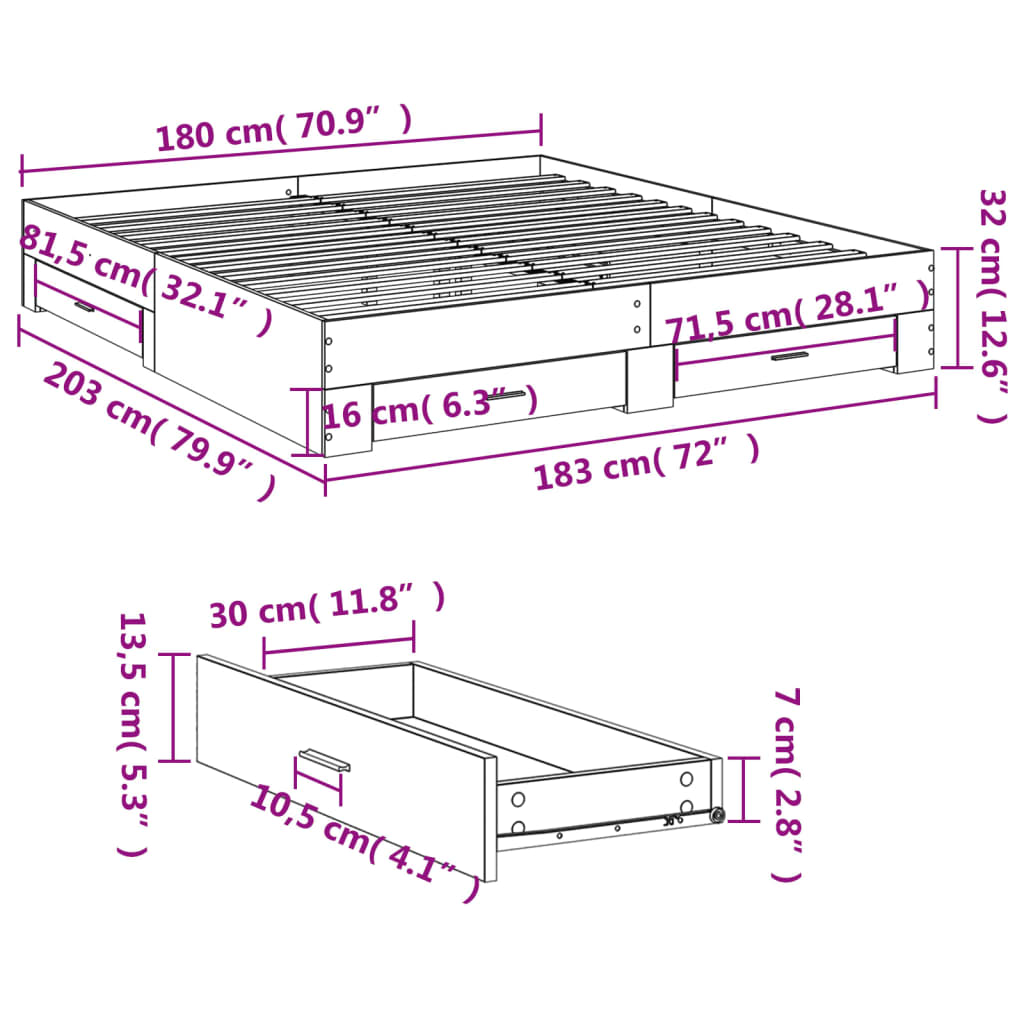 Bed Frame with Drawers without Mattress Smoked Oak 180x200 cm Super King