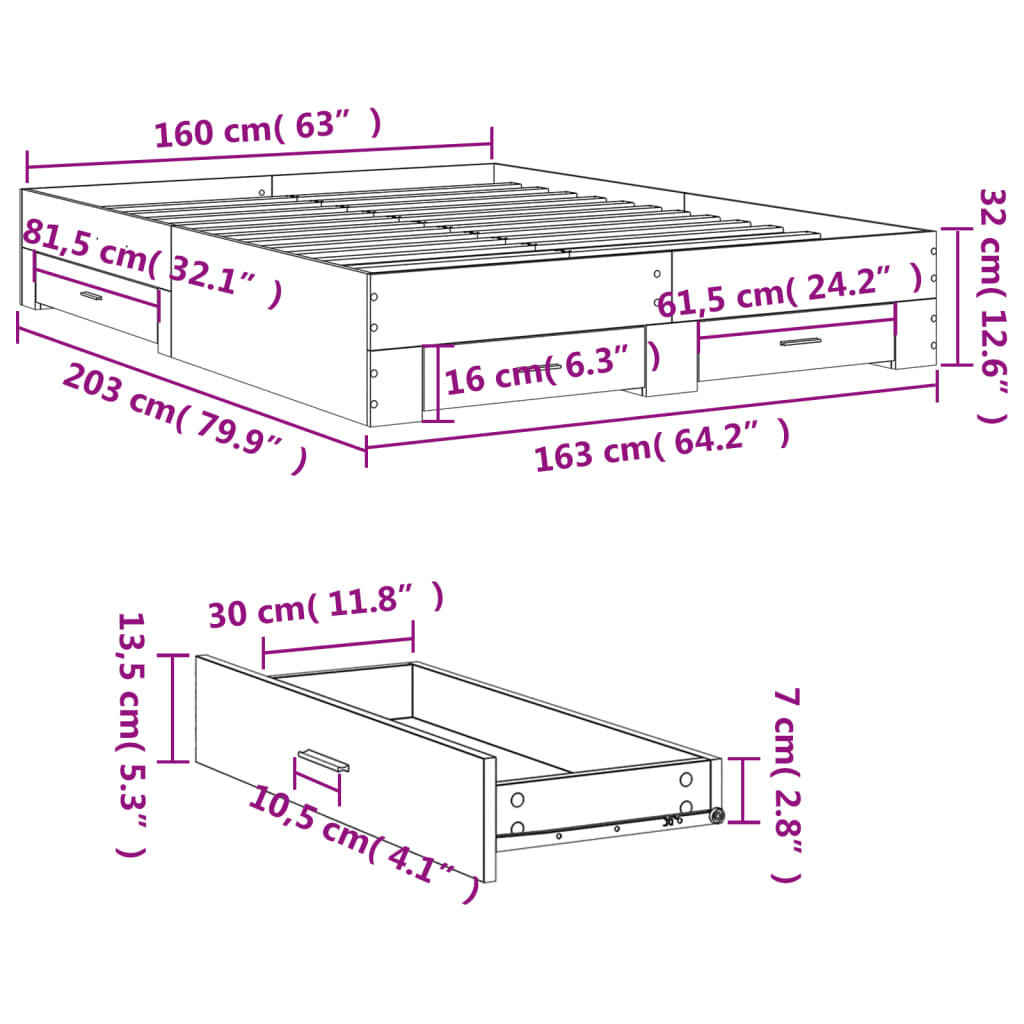 Bed Frame with Drawers Concrete Grey 160x200 cm Engineered Wood