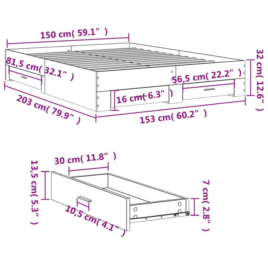 Bed Frame with Drawers without Mattress Black 150x200 cm King Size