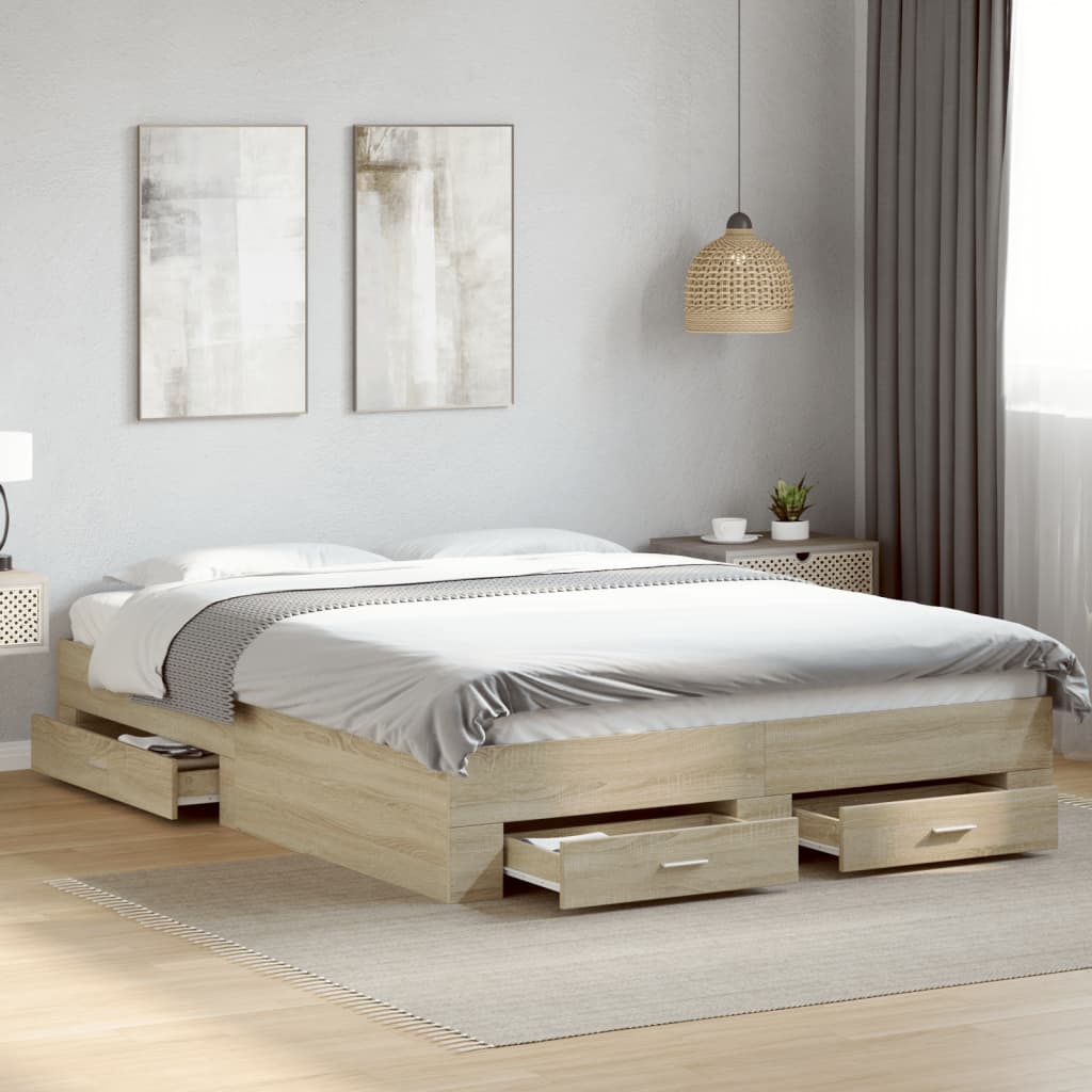 Bed Frame with Drawers Sonoma Oak 150x200 cm King Size Engineered Wood