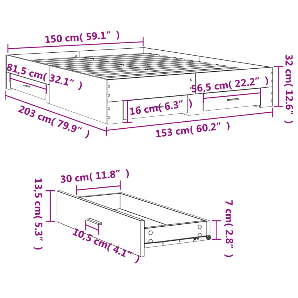 Bed Frame with Drawers Concrete Grey 150x200 cm King Size Engineered Wood