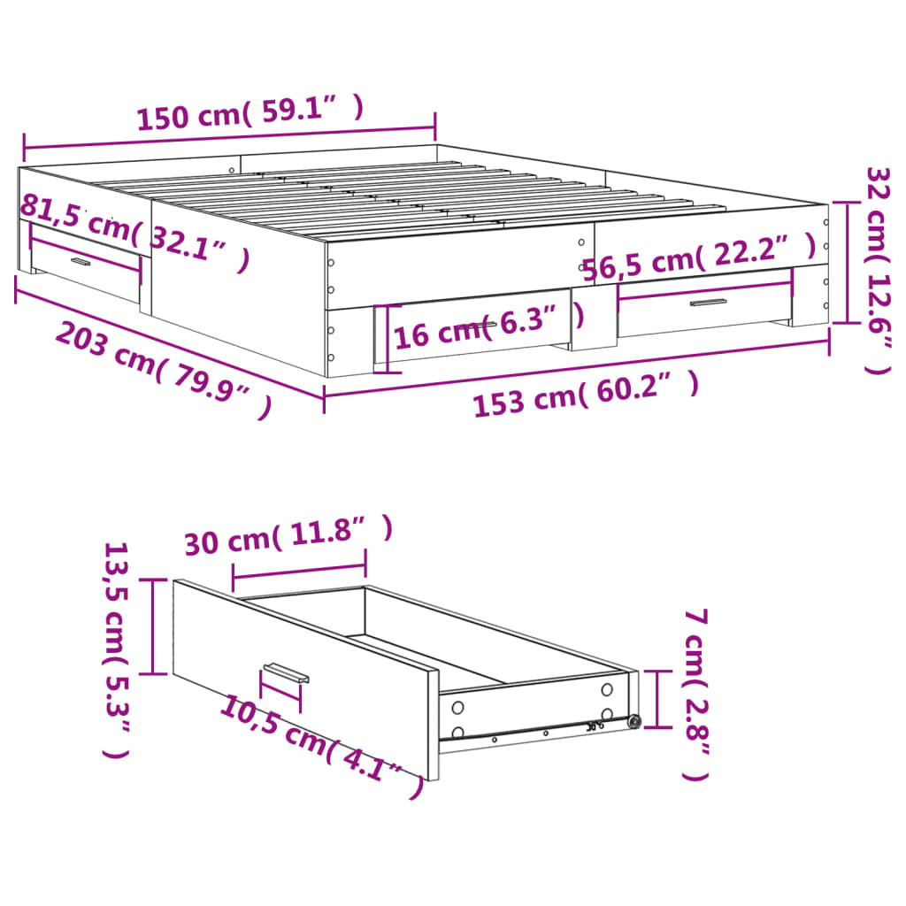 Bed Frame with Drawers without Mattress Grey Sonoma 150x200 cm King Size