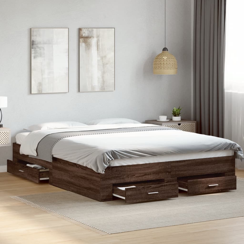 Bed Frame with Drawers Brown Oak 150x200 cm King Size Engineered Wood