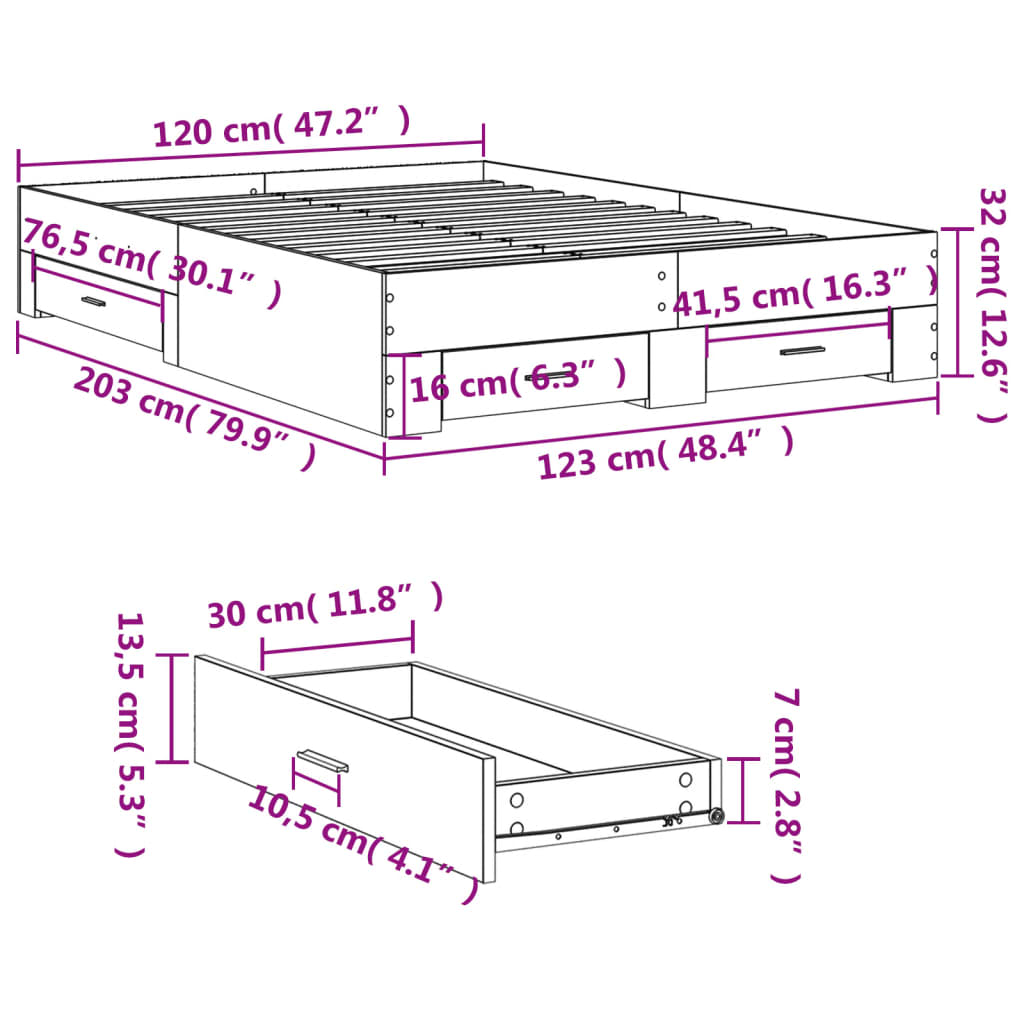 Bed Frame with Drawers Concrete Grey 120x200 cm Engineered Wood