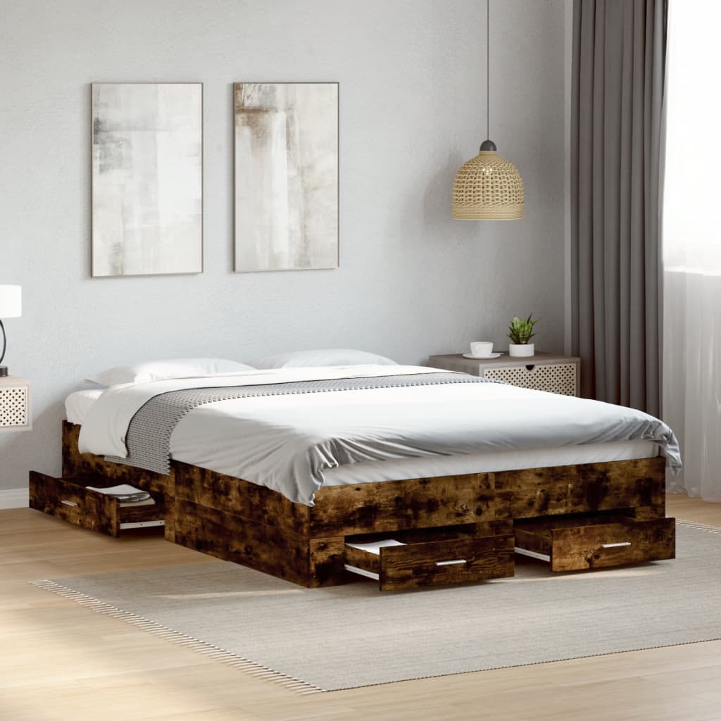 Bed Frame with Drawers without Mattress Smoked Oak 120x200 cm