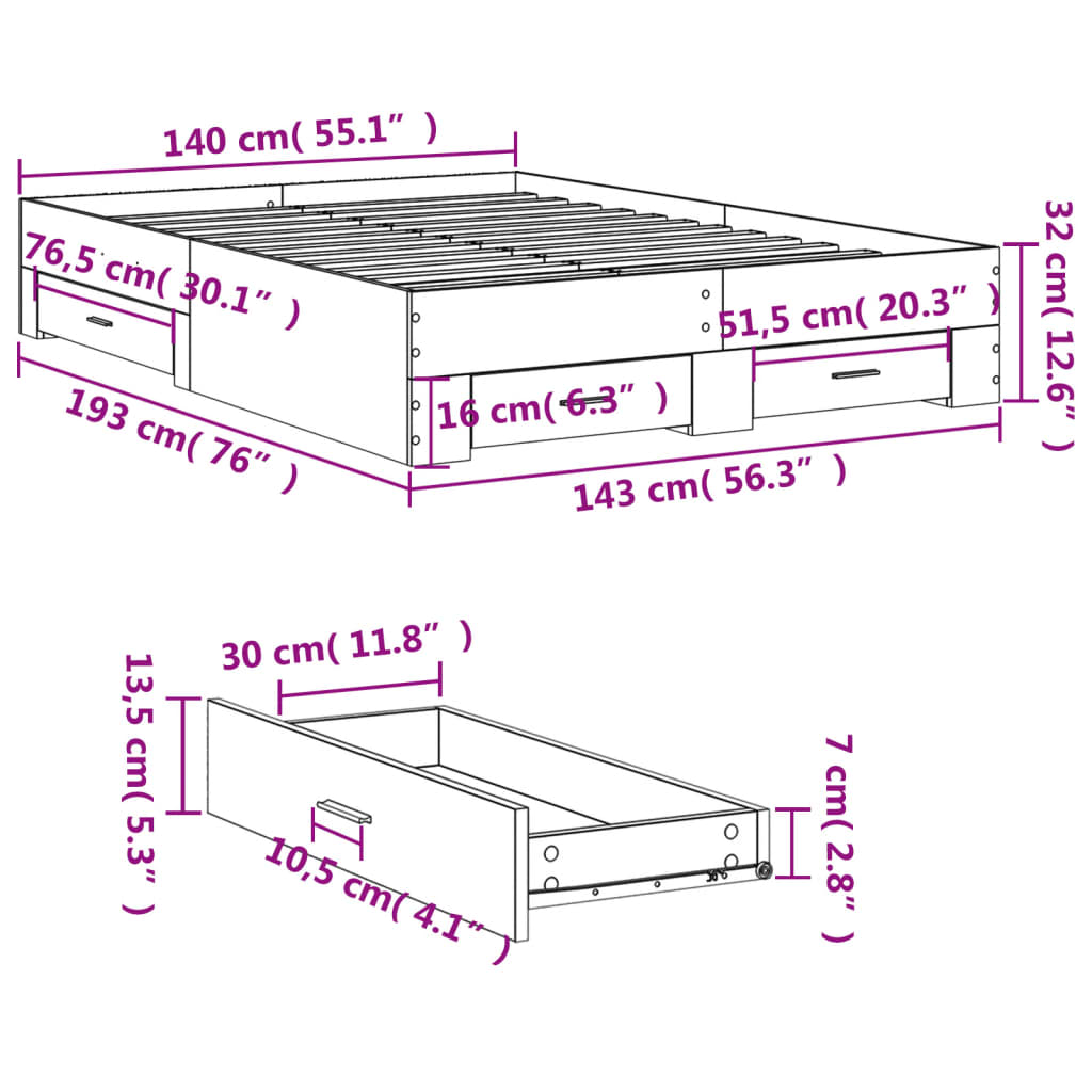 Bed Frame with Drawers Sonoma Oak 140x190 cm Engineered Wood