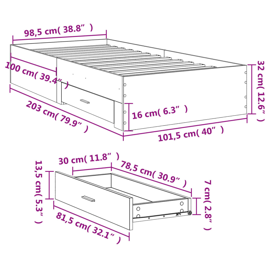 Bed Frame with Drawers Concrete Grey 100x200 cm Engineered Wood