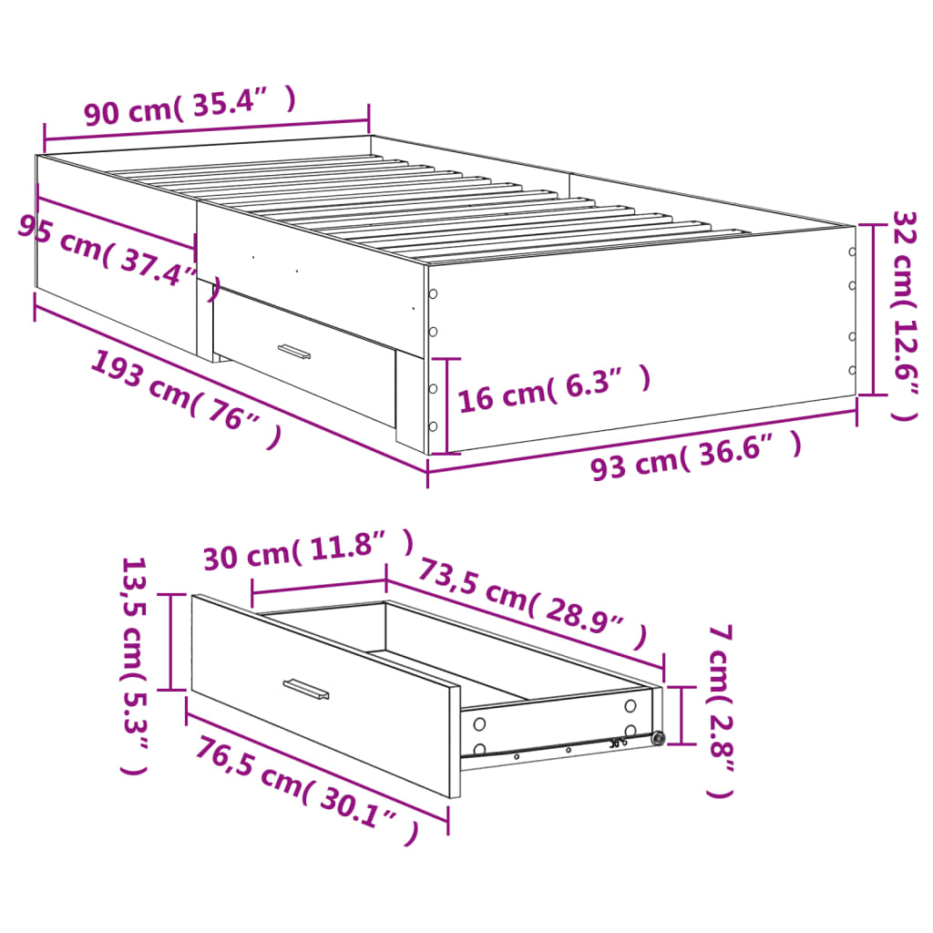 Bed Frame with Drawers Black 90x190 cm Single Engineered Wood