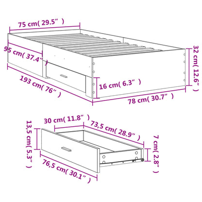 Bed Frame with Drawers Concrete Grey 75x190 cm Small Single Engineered Wood