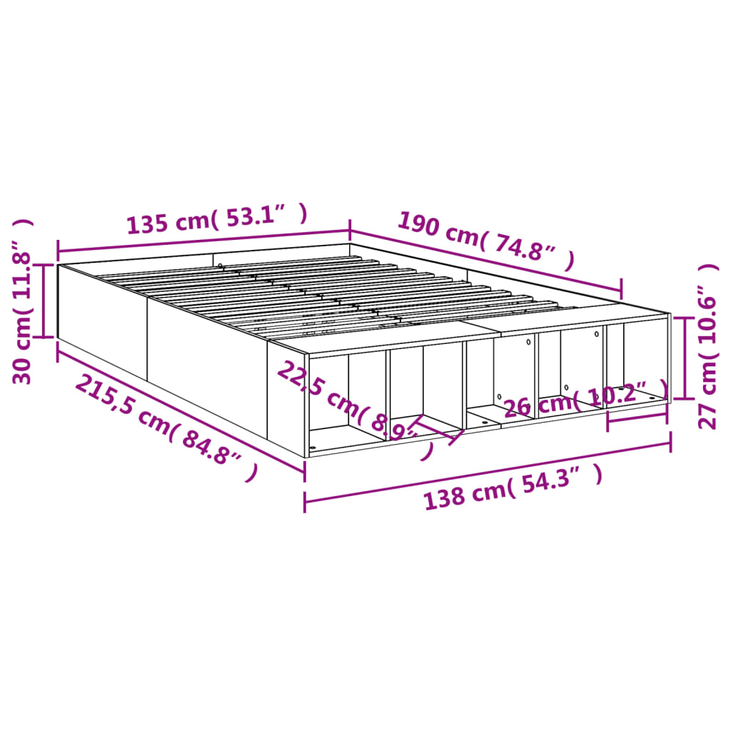 Bed Frame Smoked Oak 135x190 cm Double Engineered Wood