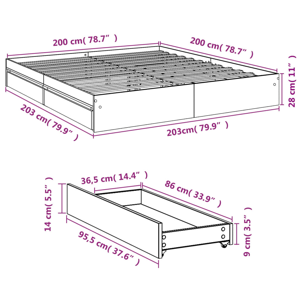 Bed Frame with Drawers without Mattress Sonoma Oak 200x200 cm