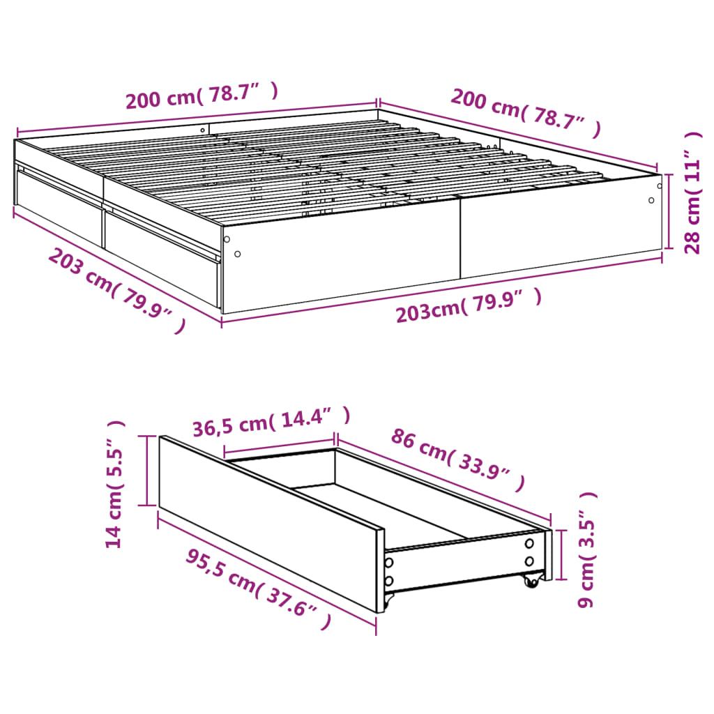 Bed Frame with Drawers Concrete Grey 200x200 cm Engineered Wood