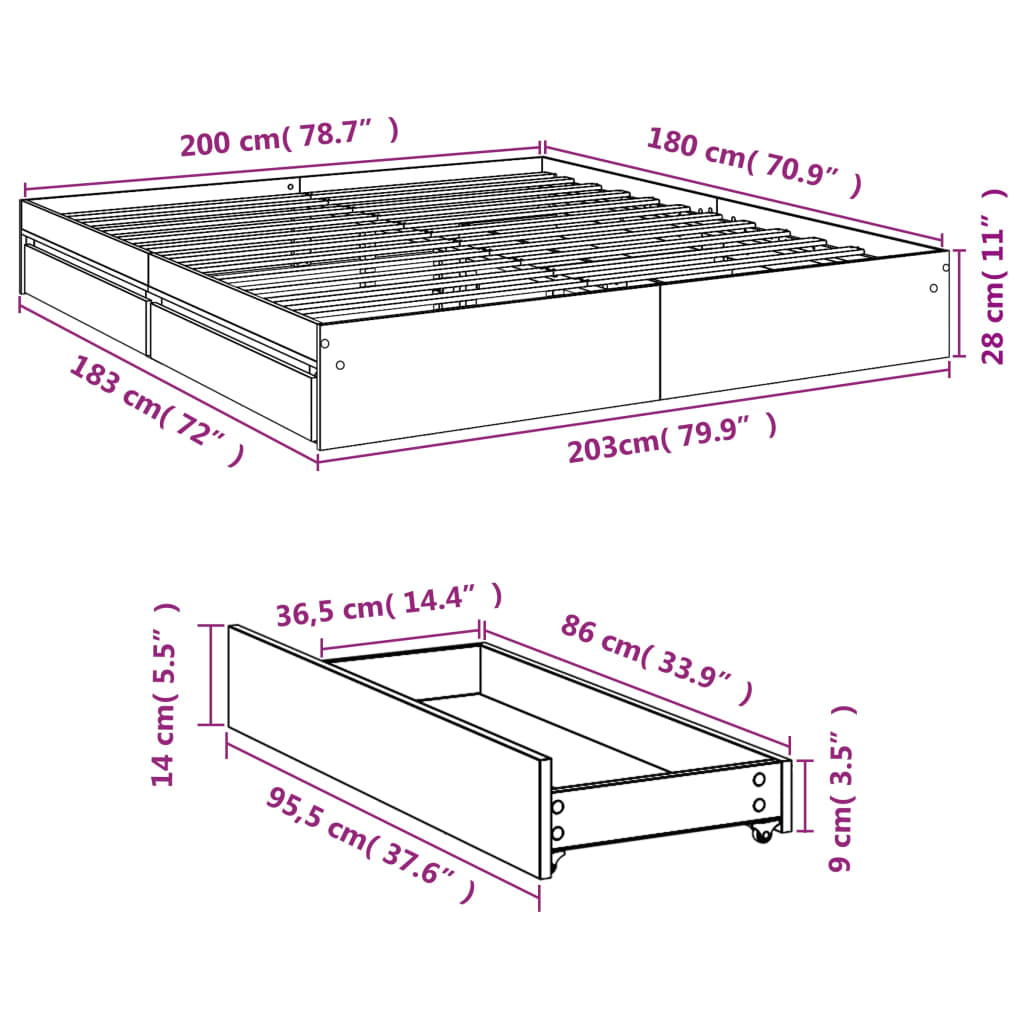 Bed Frame with Drawers Concrete Grey 180x200 cm Super King Engineered Wood