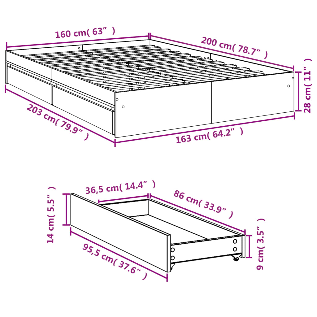 Bed Frame with Drawers Sonoma Oak 160x200 cm Engineered Wood