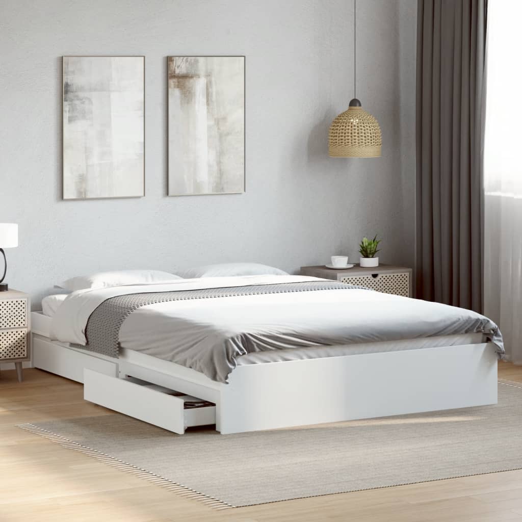 Bed Frame with Drawers White 150x200 cm King Size Engineered Wood