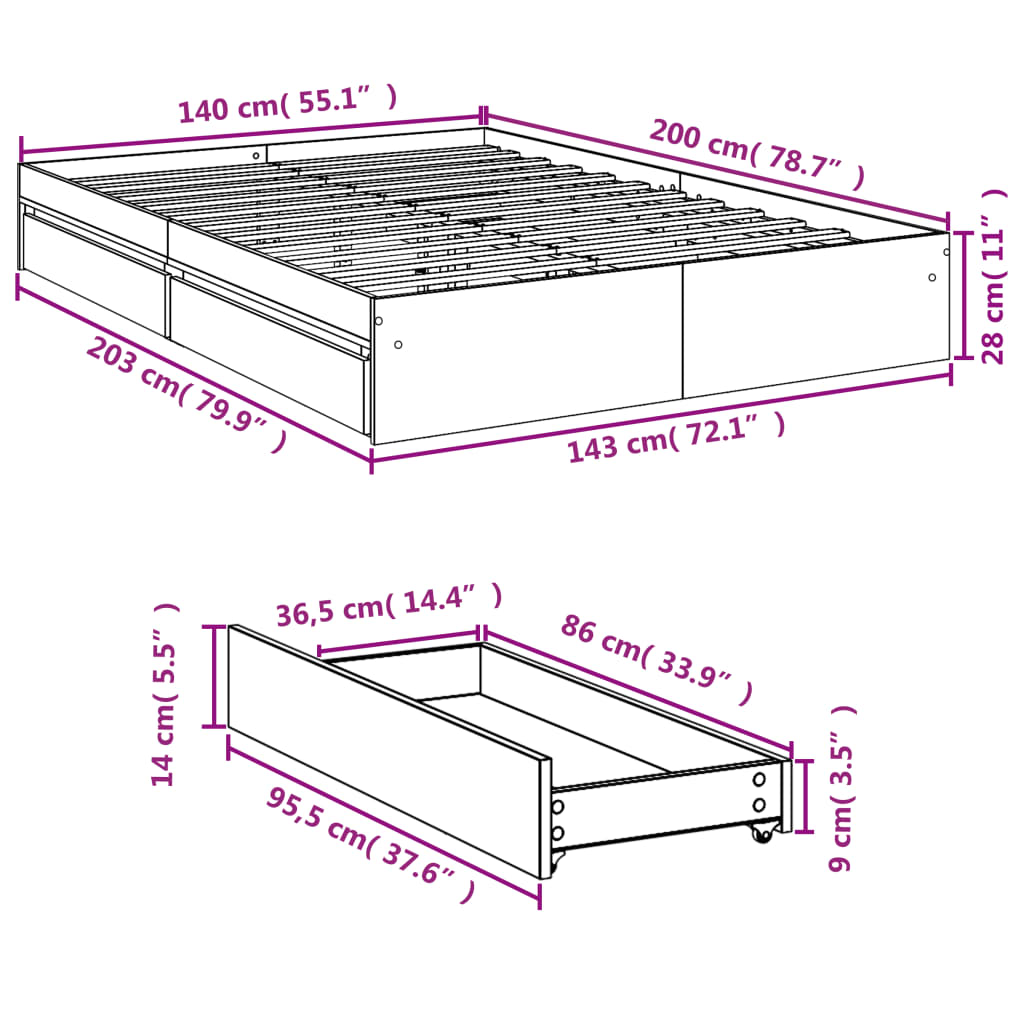 Bed Frame with Drawers without Mattress White 140x200 cm