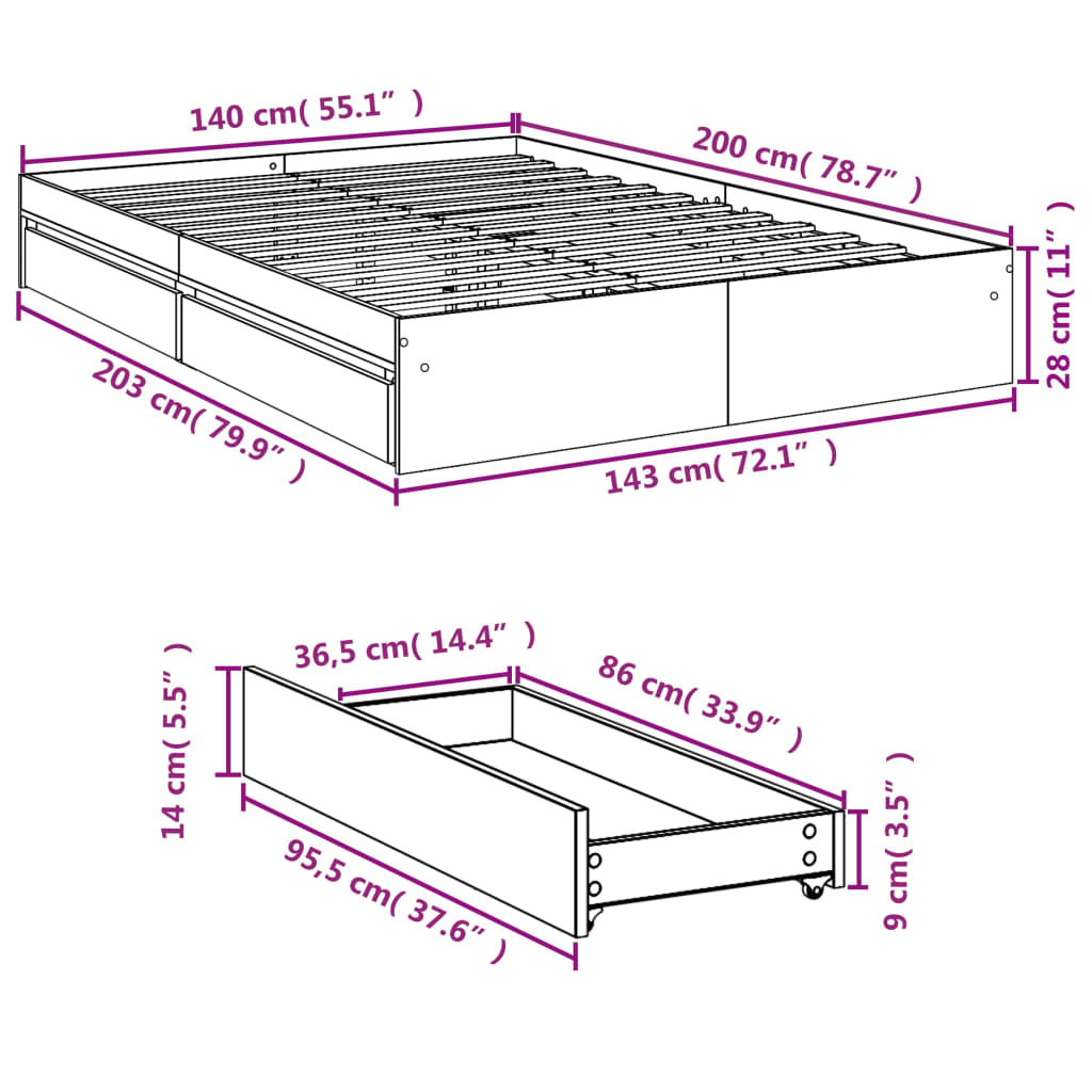 Bed Frame with Drawers Sonoma Oak 140x200 cm Engineered Wood