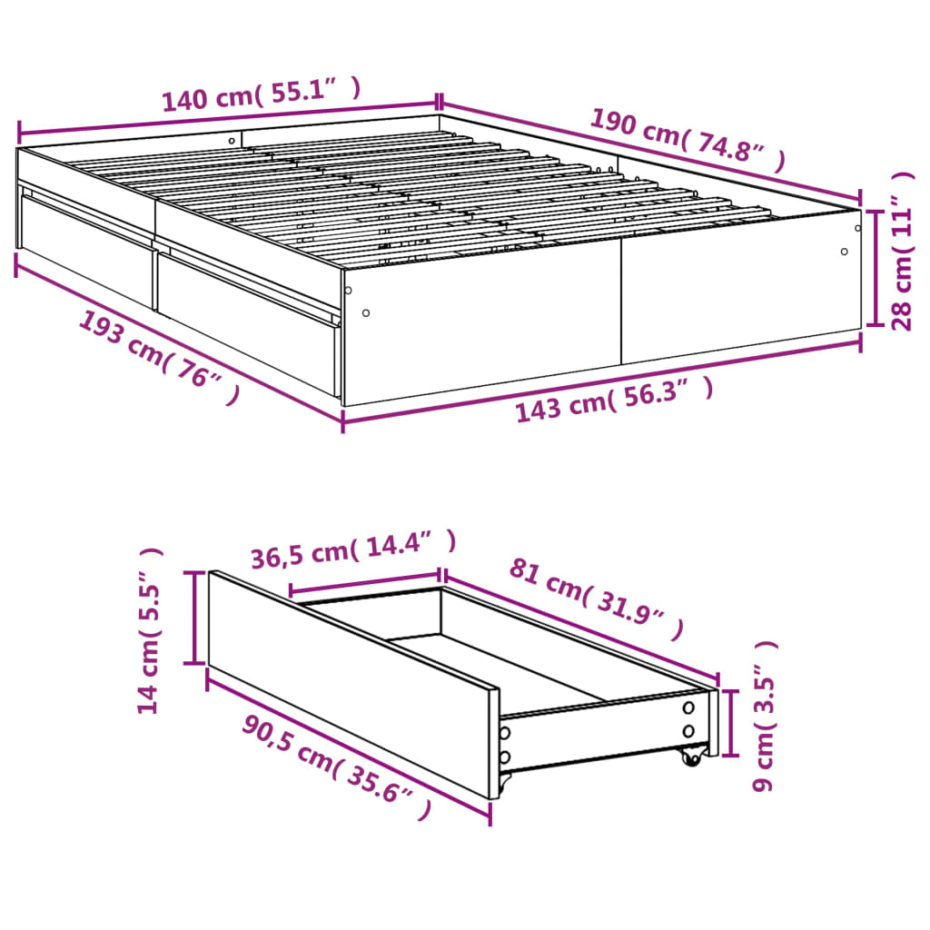 Bed Frame with Drawers Brown Oak 140x200 cm Engineered Wood